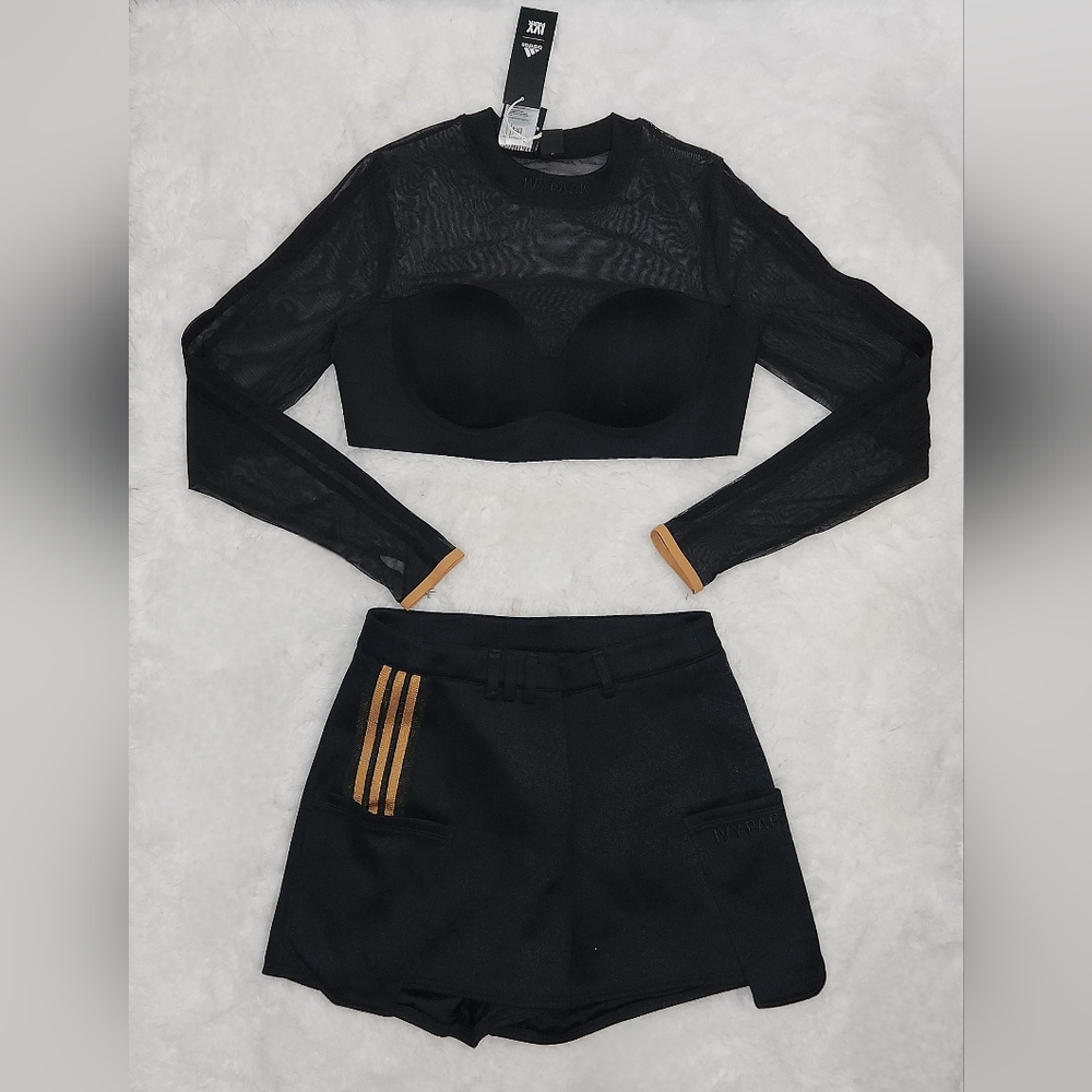 NWT Adidas x Ivy Park Long Sleeve Mesh Crop Top & Suit Shorts, Black | Mesa, XL